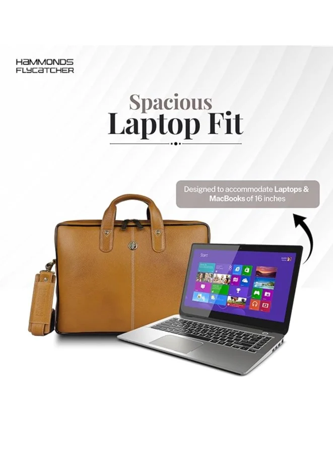HAMMONDS FLYCATCHER Genuine Leather Office Bag for Men - 15.6 Inch Laptop Bag for Men, Professional Leather Bag for Men - Adjustable Straps and Multiple Compartments-Mango
