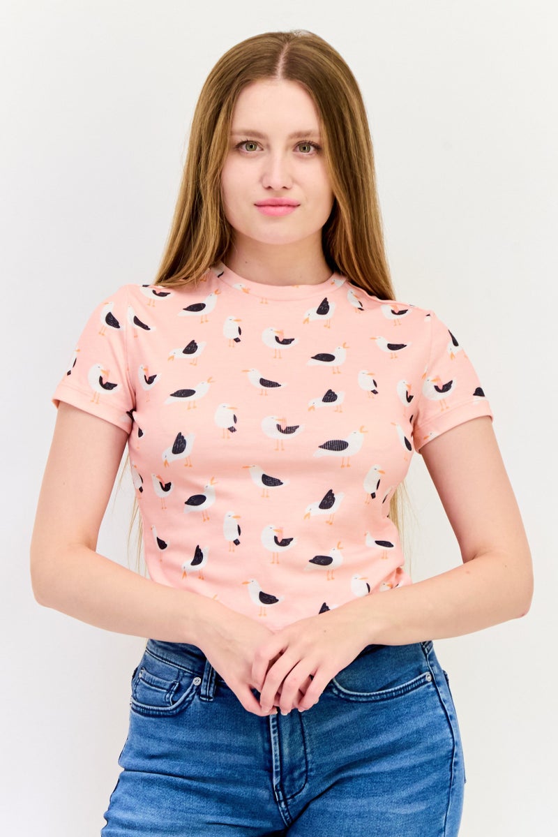 ONLY Women Crew Neck Short Sleeve Allover Print T-Shirt, Pink - Image 1