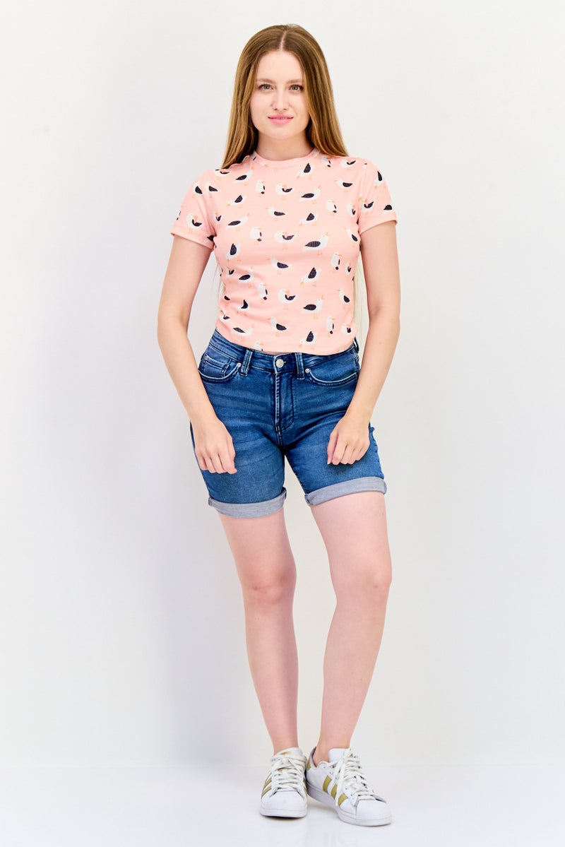 ONLY Women Crew Neck Short Sleeve Allover Print T-Shirt, Pink - Image 3