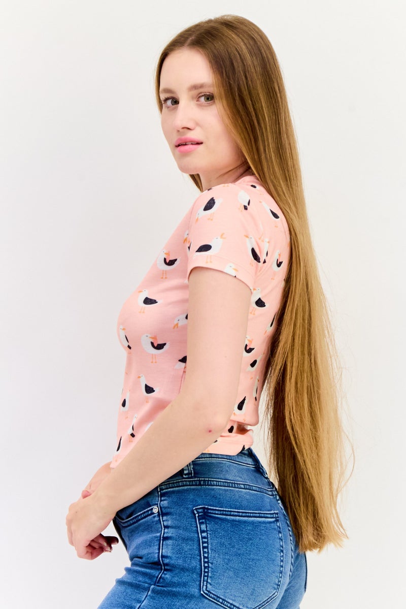 ONLY Women Crew Neck Short Sleeve Allover Print T-Shirt, Pink - Image 2