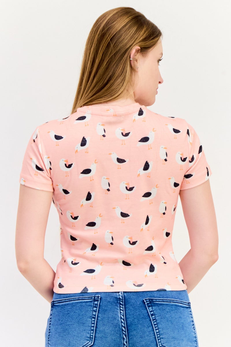 ONLY Women Crew Neck Short Sleeve Allover Print T-Shirt, Pink - Image 4