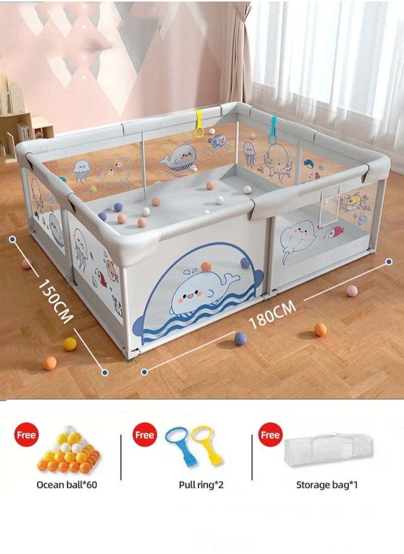 MIXDE Baby Playpen Fence, Portable Babies Playards for Toddlers, Safety Infant Activity Center,  Sturdy Play Area, with 2 Pull Rings, 60 Marine Balls and Storage Bag, 150x180cm  - Image 1