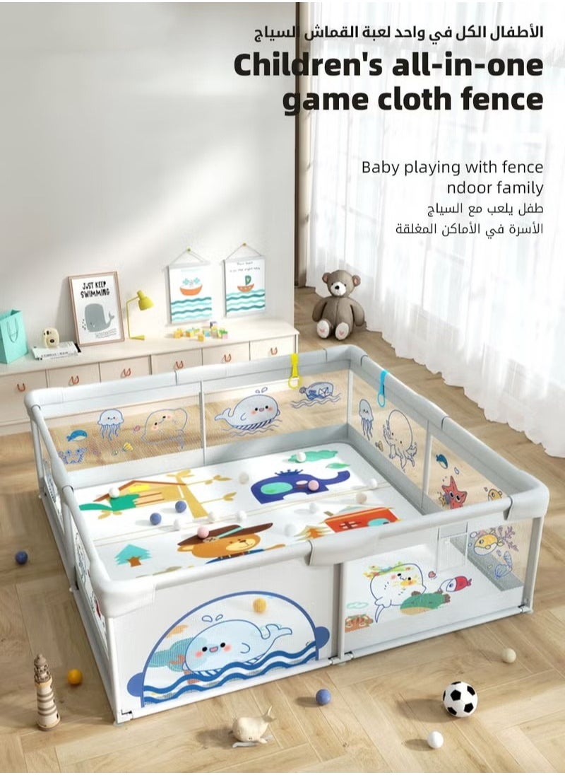MIXDE Baby Playpen Fence, Portable Babies Playards for Toddlers, Safety Infant Activity Center,  Sturdy Play Area, with 2 Pull Rings, 60 Marine Balls and Storage Bag, 150x180cm  - Image 2
