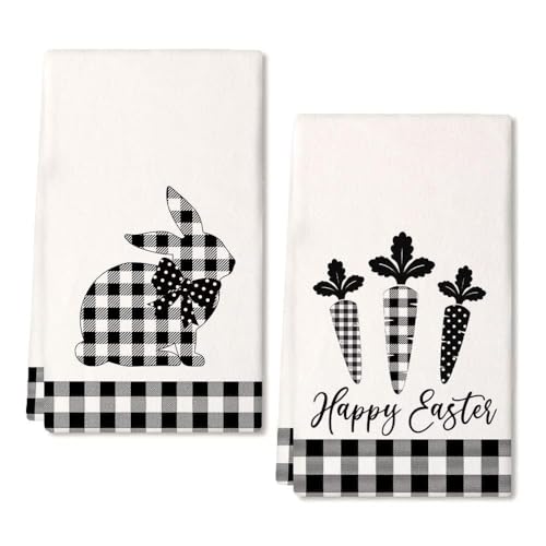 ARKENY Easter Kitchen Towels for Easter Decor Black Buffalo Plaid Check Bunny Dish Towels 18x26 Inch Bar Drying Cloth Carrot Hand Towel for Kitchen Bathroom Party Easter Decorations Set of 2 - Image 1