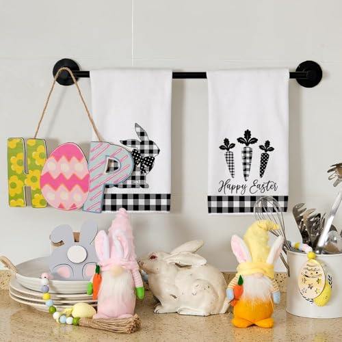 ARKENY Easter Kitchen Towels for Easter Decor Black Buffalo Plaid Check Bunny Dish Towels 18x26 Inch Bar Drying Cloth Carrot Hand Towel for Kitchen Bathroom Party Easter Decorations Set of 2 - Image 2