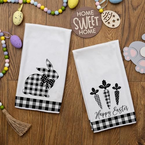 ARKENY Easter Kitchen Towels for Easter Decor Black Buffalo Plaid Check Bunny Dish Towels 18x26 Inch Bar Drying Cloth Carrot Hand Towel for Kitchen Bathroom Party Easter Decorations Set of 2 - Image 3