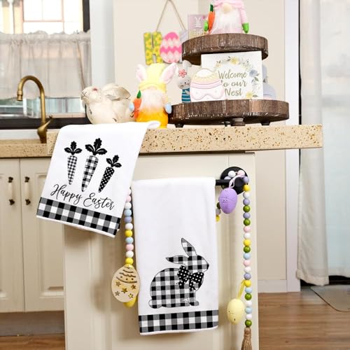 ARKENY Easter Kitchen Towels for Easter Decor Black Buffalo Plaid Check Bunny Dish Towels 18x26 Inch Bar Drying Cloth Carrot Hand Towel for Kitchen Bathroom Party Easter Decorations Set of 2 - Image 4