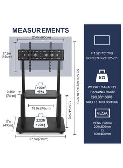 Gogoya Heavy-Duty Mobile TV Stand Cart with Wheels | Adjustable Height for 32-75" Smartboards & LCD/LED/OLED Screens | 100lbs Capacity, Portable Rolling Stand with Storage Shelf,Black  - Image 2