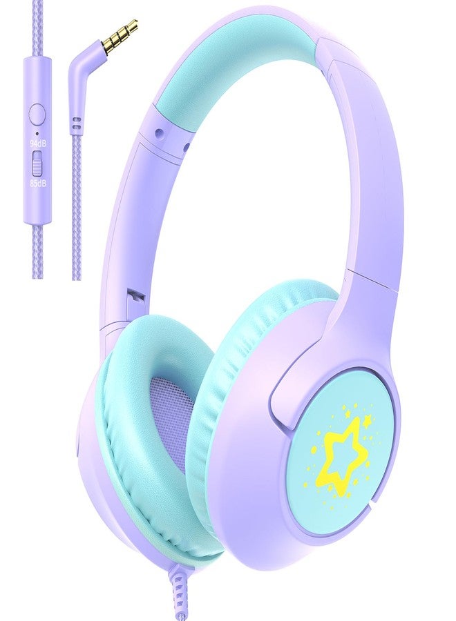 Botesty Sound Kids Headphones with Cord, 85/94dB Volume Limited Wired Over-Ear Kid Headphones with Microphone for Kids Toddler, Girls Headphones with wire 3.5mm Cable for Online Learning School Travel, Purple - Image 1