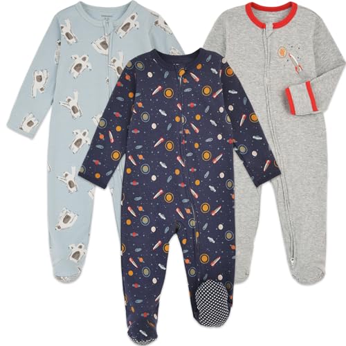 Aablexema Baby Footie Pajama with Mitten Cuffs, Double Zipper Infant Cotton clothes Sleeper Pjs, Footed Sleep Play(Snow & Rocket & Space, 6-9 Months) - Image 1