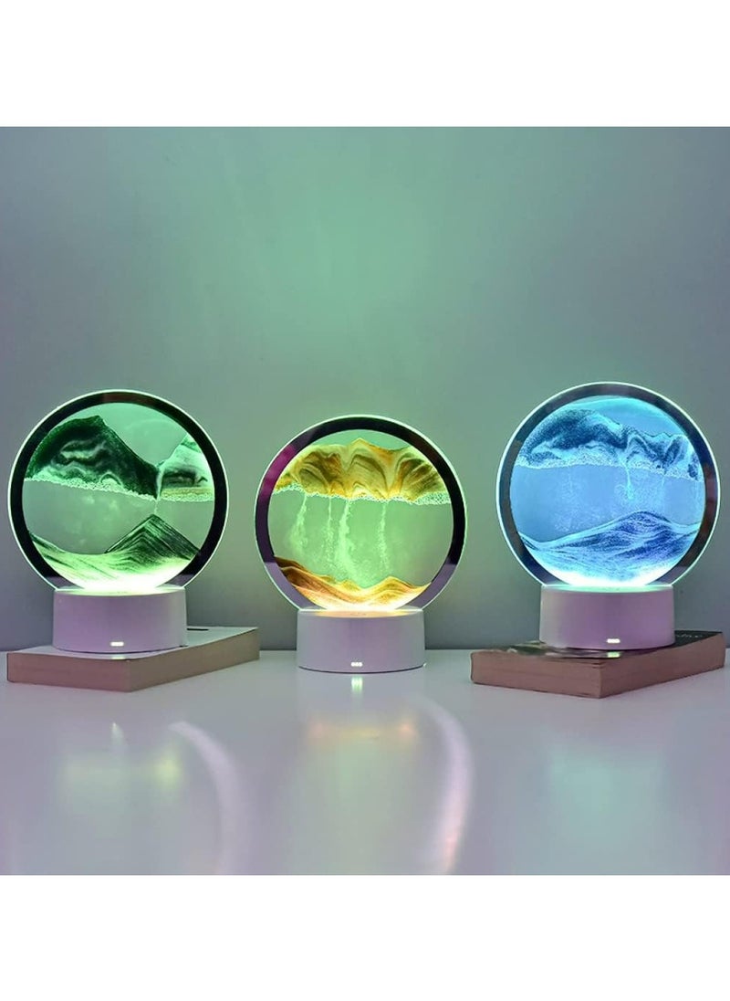 Moving Sand Art Picture Lamp With Light 3D Kinetic Art Sand Sandscape In Motion Display Round Glass Flowing Sand Frame Lamp With Colorful LED Dynamic Sand Art Liquid Motion Sand Picture Lamp For Home Decor Office Study