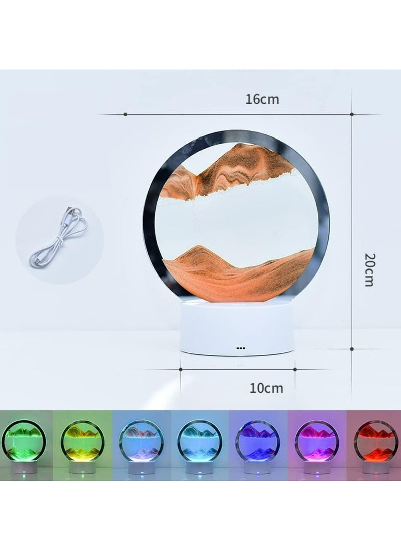 Moving Sand Art Picture Lamp With Light 3D Kinetic Art Sand Sandscape In Motion Display Round Glass Flowing Sand Frame Lamp With Colorful LED Dynamic Sand Art Liquid Motion Sand Picture Lamp For Home Decor Office Study