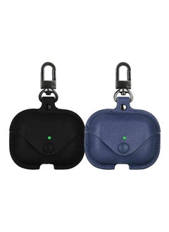 YOMNA Protective Leather Case Compatible with AirPods Pro 2 Case, Wireless Charging Case Headphones EarPods, Soft Leather Cover with Carabiner Clip (Black/Navy Blue) - (Set of 2)