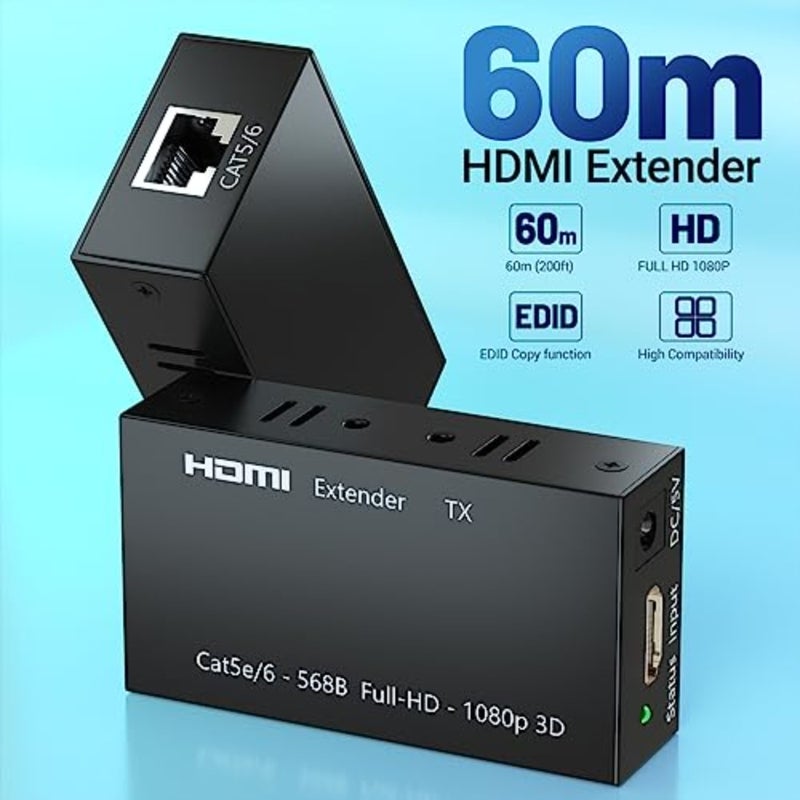 موسع HDMI، جهاز إرسال واستقبال 1080P حتى 60 مترًا 196 قدمًا، مكرر مرسل إيثرنت عبر كابل Cat5e/Cat6/Cat7 واحد، محول HDMI إلى RJ45 - Image 3