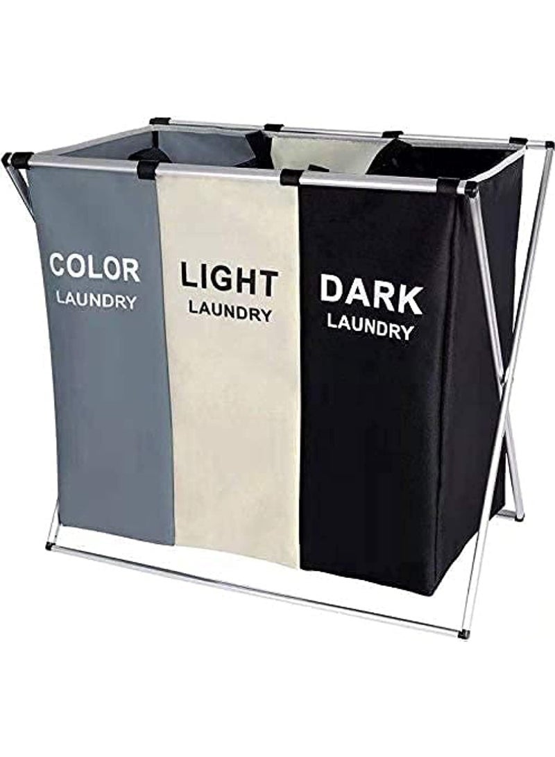 Rock Pow Laundry Basket Clothes Hamper 135L 3 Sections Clothe Sorter Bin Foldable Waterproof Organizer Bag with Aluminum Frame Washing Storage Dirty Clothes Basket for Bathroom Washroom Bedroom