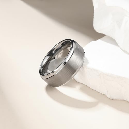 King Will Men's Silver Tungsten Carbide Ring 8mm Polished Step Edge Matte Brushed Finish Center Wedding Band(10.5) - Image 2