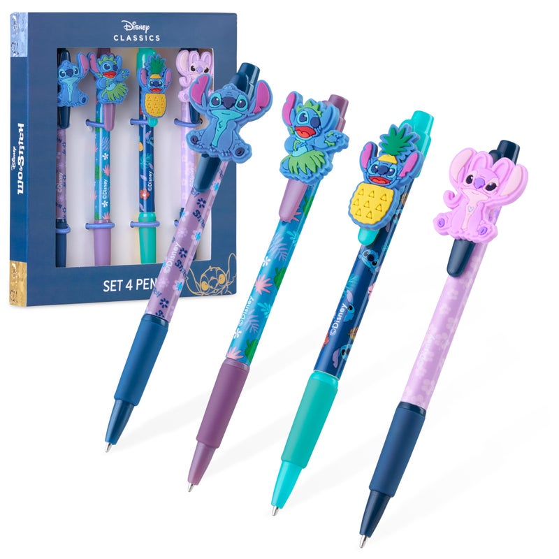 Disney Pens, 4 Cute Pens with Adorable Stitch Toppers, Pretty Pens for Journaling, Drawing, or School Work, Cute Pens for Women & Kids, Stitch School Supplies, Black Ink Ballpoint Pen Set - Image 1