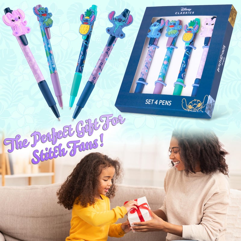 Disney Pens, 4 Cute Pens with Adorable Stitch Toppers, Pretty Pens for Journaling, Drawing, or School Work, Cute Pens for Women & Kids, Stitch School Supplies, Black Ink Ballpoint Pen Set - Image 2