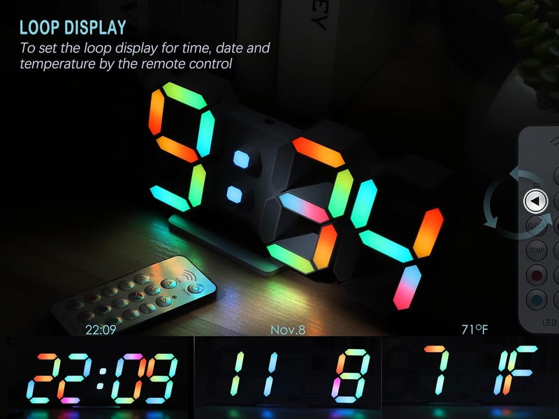 KOSUMOSU ساعة حائط ، ساعة رقمية نيون، ساعة مكتب LED ثلاثية الأبعاد، عرض كبير، 9.7 بوصة، ساعة RGB، ساعة منبه جمالية لغرفة النوم، غرفة المعيشة، متعددة الألوان، قابل لتعديل السطوع، التاريخ/درجة الحرارة - Image 5
