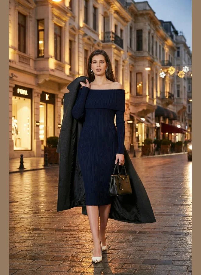 Lela Lela Premium Ribbed Carmen Collar Slim Fit Midi Length Knitwear Dress Women's DRESS 680EL00033