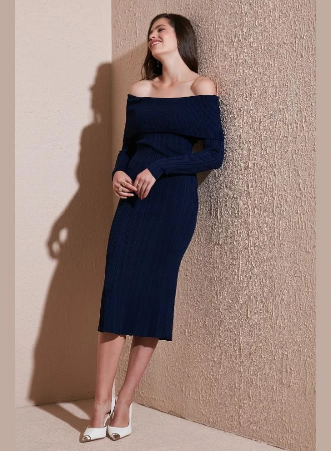 Lela Lela Premium Ribbed Carmen Collar Slim Fit Midi Length Knitwear Dress Women's DRESS 680EL00033