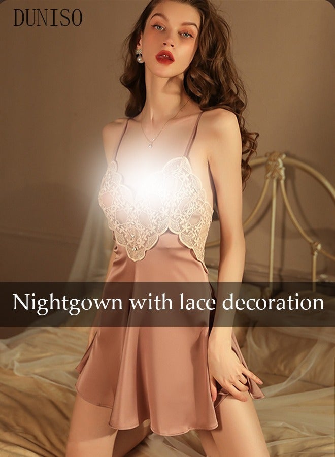 DUNISO Women's Sleeveless Nightgown Sweet Silk Night Dress Lace V neck Pajama Dress Sleepwear Girls Comfortable Nightwear Summer Home Wear Lounge Dress - Image 5