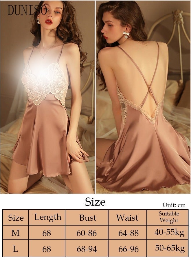 DUNISO Women's Sleeveless Nightgown Sweet Silk Night Dress Lace V neck Pajama Dress Sleepwear Girls Comfortable Nightwear Summer Home Wear Lounge Dress - Image 4