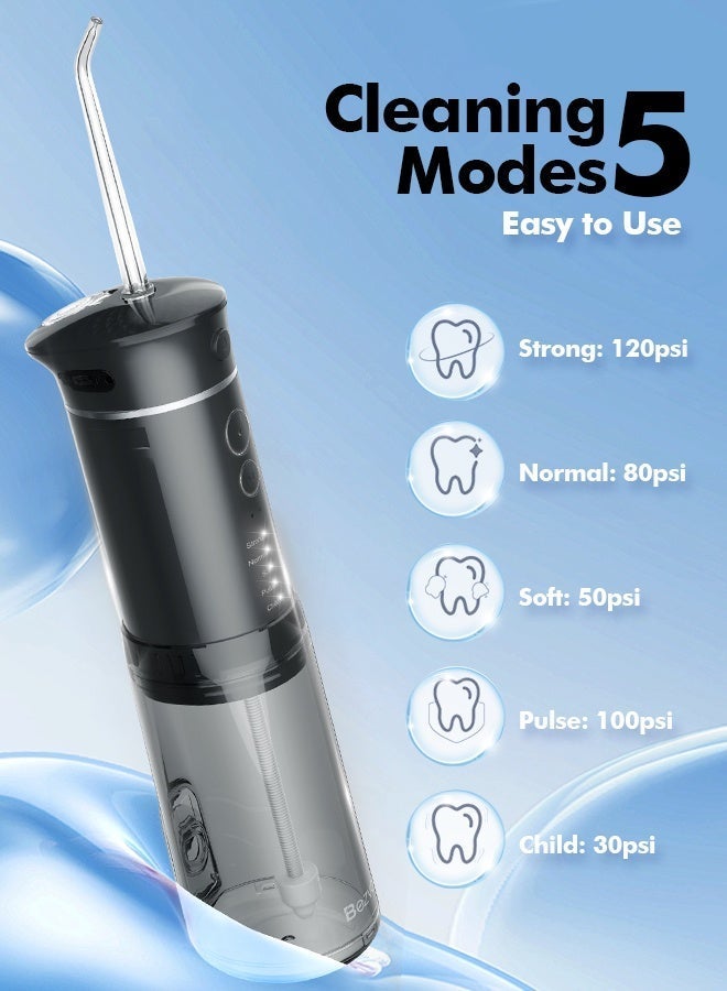 بزفوي خيط مائي لاسنان صغير قابل للشحن – جهاز تنظيف الاسنان بالماء بـ5 أوضاع، خزان ماء تلسكوبي، 6 رؤوس، مقاوم للماء IPX7، مناسب لتنظيف اللثة، التقويم، والعناية بالاسنان (أسود) - Image 3
