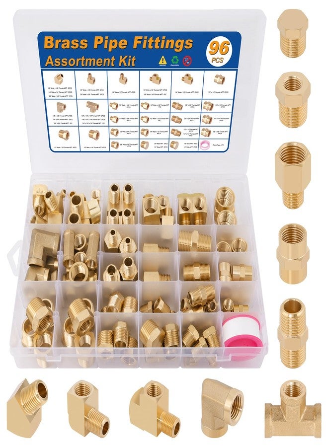 KOOTANS 96PCS Brass Pipe Fittings Assortment Kit - NPT Adapter, Reducer Bushing, Hex, Coupling, Head Plug, 45 & 90 Degree Barstock Street Elbow, Tee Fittings Kit - Image 1