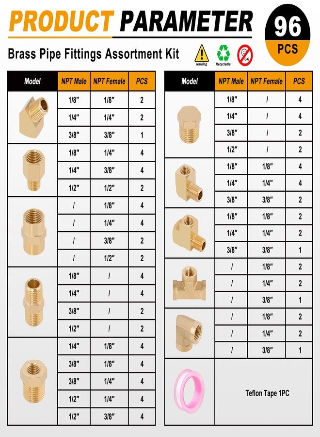 KOOTANS 96PCS Brass Pipe Fittings Assortment Kit - NPT Adapter, Reducer Bushing, Hex, Coupling, Head Plug, 45 & 90 Degree Barstock Street Elbow, Tee Fittings Kit - Image 3