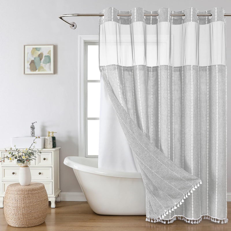 eachope Grey Farmhouse No Hook Shower Curtain Set with Snapin Fabric LinerBoho HeavyDuty Linen Textured Rustic Striped DesignWaterRepellent with Tassels and Sheer WindowGray71x74