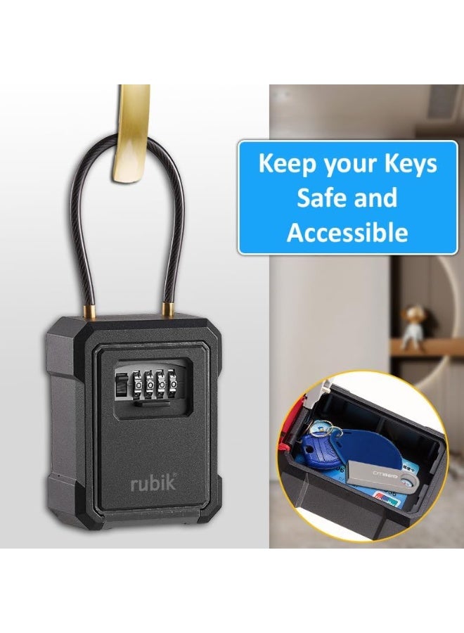 Rubik Key Storage Padlock Safe Box with 4 Digits Combination Lock & Removable Wire Shackle, Wall Mounted/Door Hanging for Outdoor and Indoor Home Hotel Office (Black)  - Image 3