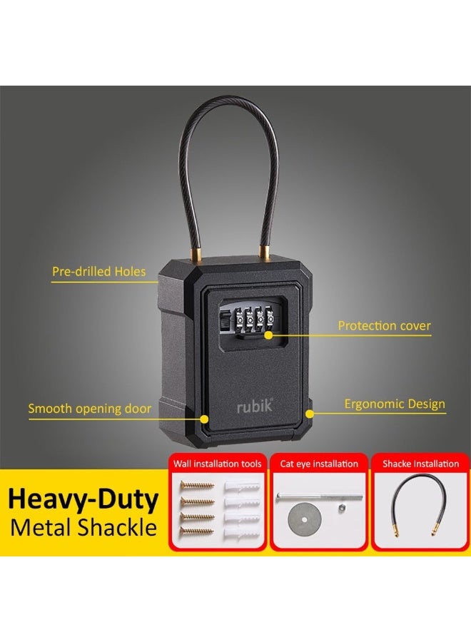 Rubik Key Storage Padlock Safe Box with 4 Digits Combination Lock & Removable Wire Shackle, Wall Mounted/Door Hanging for Outdoor and Indoor Home Hotel Office (Black)  - Image 4