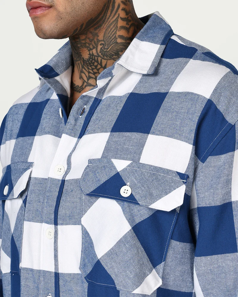 bewakoof  Men's White & Blue Checked Oversized Shirt  | Best Price UAE