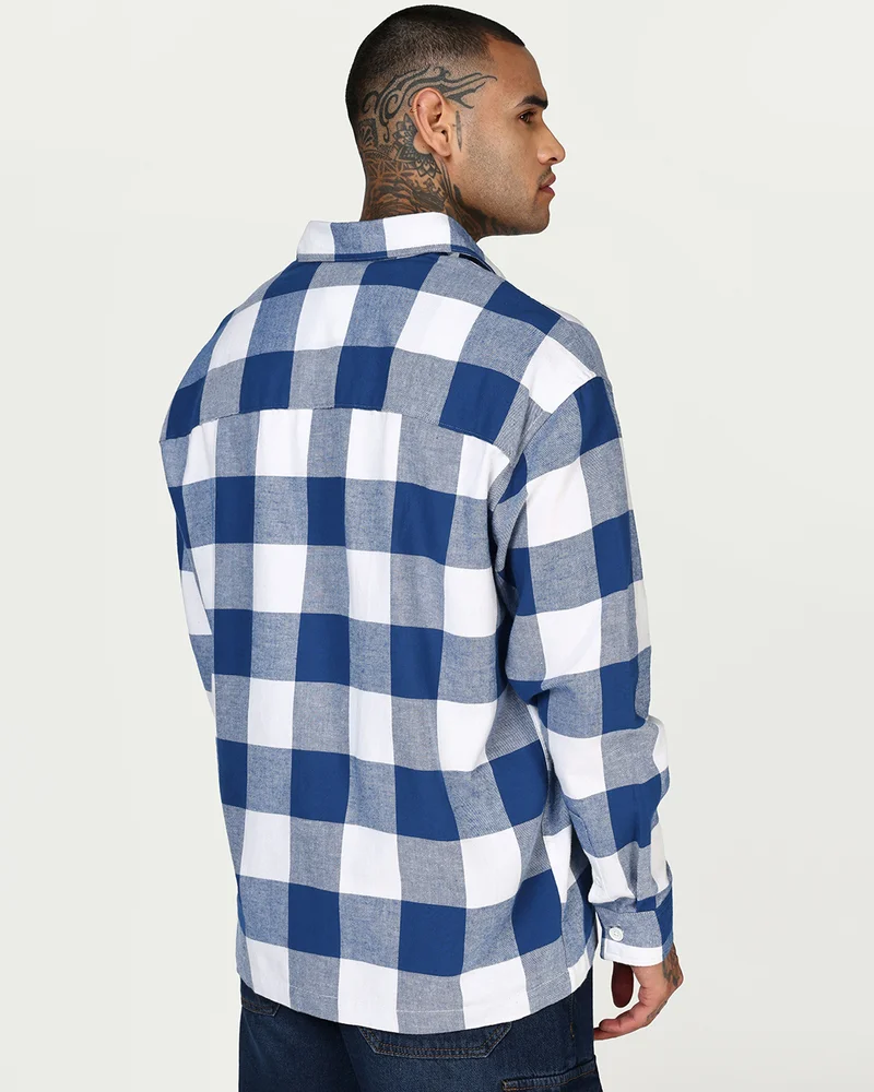bewakoof  Men's White & Blue Checked Oversized Shirt  | Best Price UAE