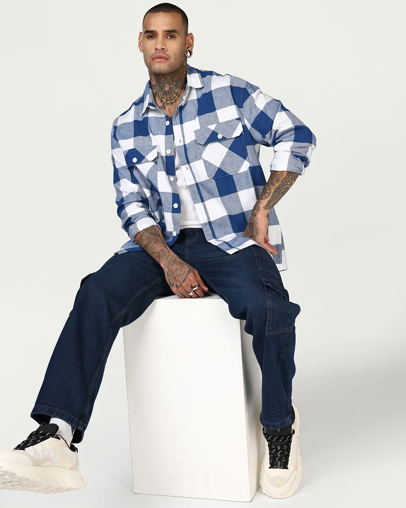 bewakoof  Men's White & Blue Checked Oversized Shirt  | Best Price UAE