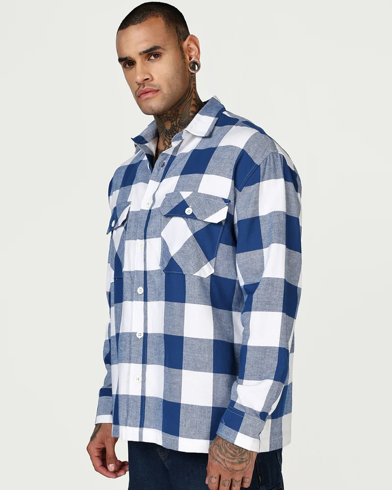 bewakoof Men's White & Blue Checked Oversized Shirt