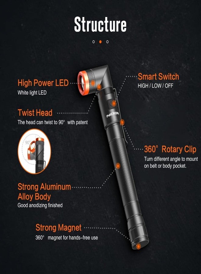 NICRON B73R Pen Flashlights 90 Degree Rotatable Flashlight 300 Lumen 4 Modes with SOS Rechargeable Flashlight, IPX4 Waterproof, Magnetic Light for Work,Repair, Emergency - Image 2