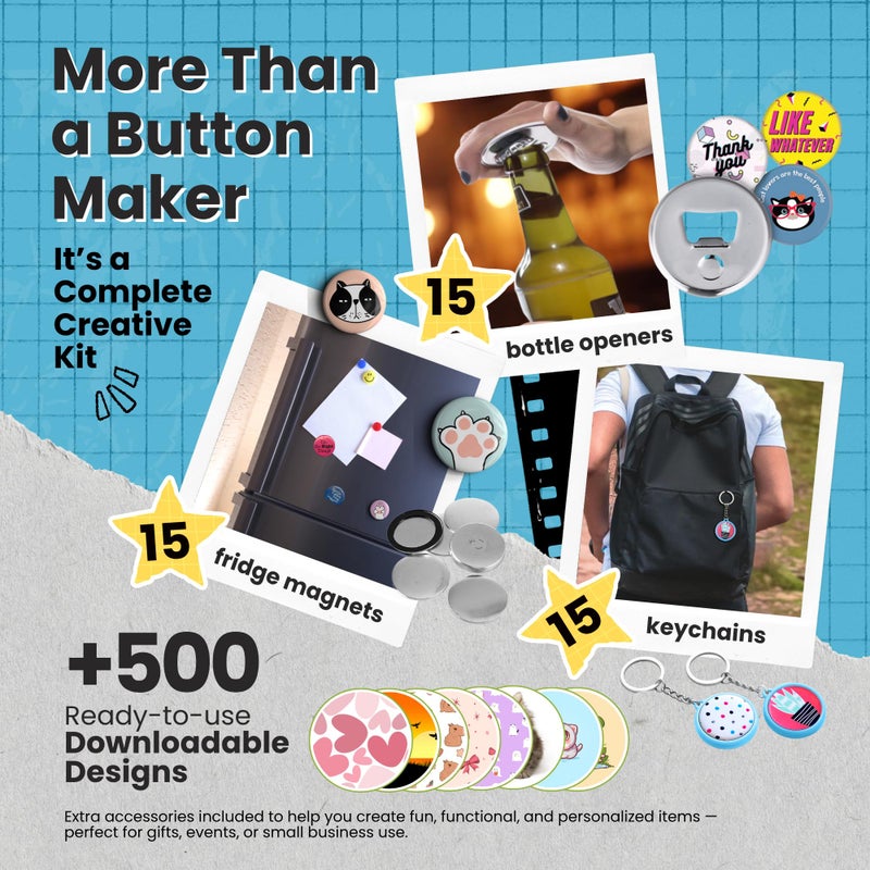 nice2have Button Maker Machine â€“ Multiple Size Moldsâ€“ Pin Maker Machine Kit w/ 500 Buttons, 15 Fridge Magnets, 15 Bottle Openers, 15 Keychain Buttons, Cutters & 500+ Button Designs for DIY Crafts - Image 2