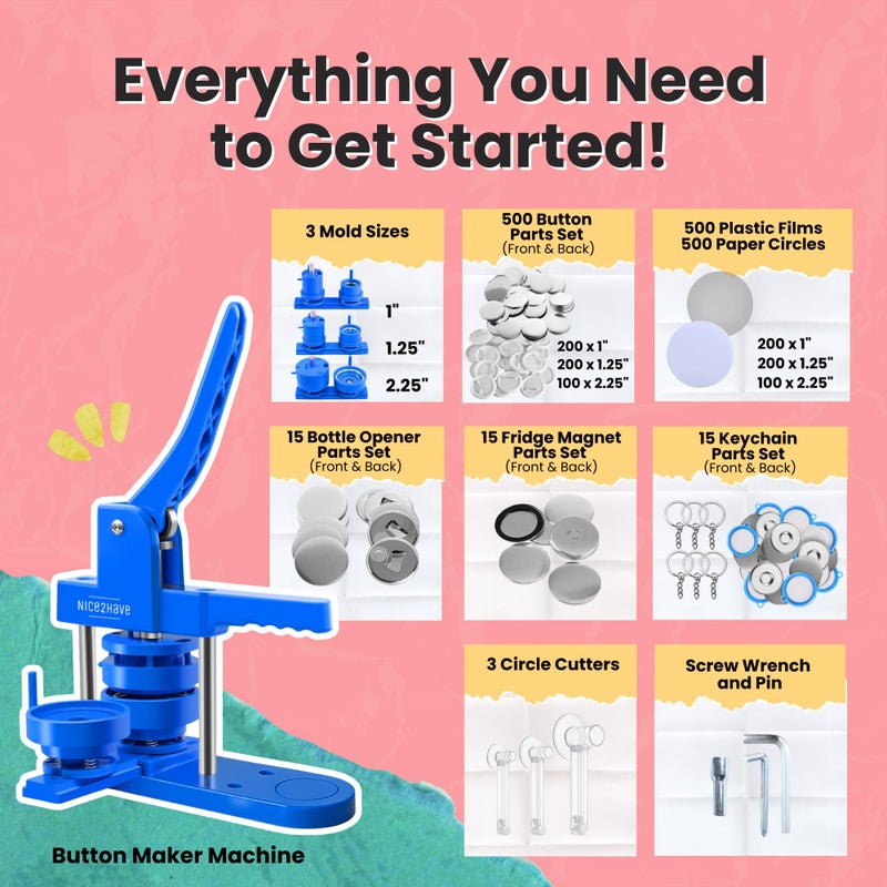 nice2have Button Maker Machine â€“ Multiple Size Moldsâ€“ Pin Maker Machine Kit w/ 500 Buttons, 15 Fridge Magnets, 15 Bottle Openers, 15 Keychain Buttons, Cutters & 500+ Button Designs for DIY Crafts - Image 3