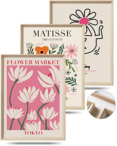UPWOIGH 12x16 in Framed Wall Art, Abstract Henri Matisse Pink Flower Market Canvas Print, Minimalist Wood Wall Decor for Living Room and Bedroom, Set of 3, Gift - Image 1