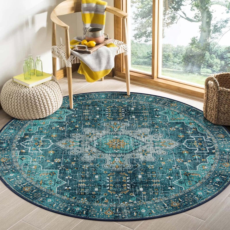 Moynesa UltraThin Washable Round Rug  4ft Oriental Circle Area Rugs for Bedroom Entryway Teal Vintage Non Slip Non Shedding Low Pile Carpet for Living Room Coffee Table Kitchen