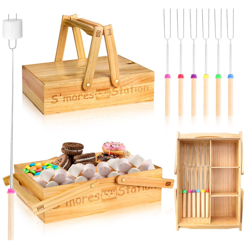 MSHUNKEJI 4 in 1 Smores Station with Handles 6 Pcs 32'' Marshmallow Roasting Sticks Wooden Smores Caddy Organizer Smores Tray with Lid Smore Skewers Extendable Smores Box Storage (Wood Color) - Image 1
