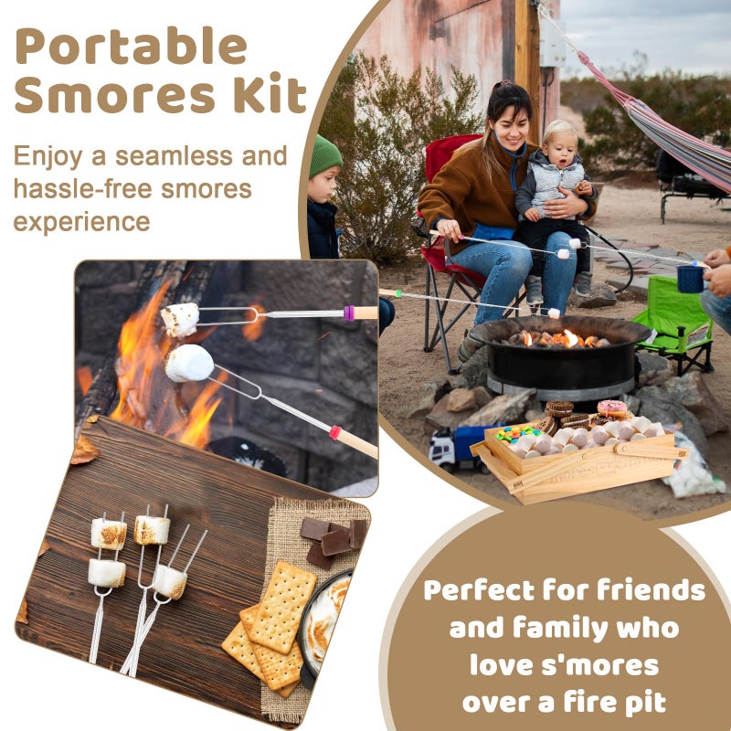 MSHUNKEJI 4 in 1 Smores Station with Handles 6 Pcs 32'' Marshmallow Roasting Sticks Wooden Smores Caddy Organizer Smores Tray with Lid Smore Skewers Extendable Smores Box Storage (Wood Color) - Image 5