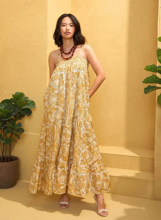 SASSAFRAS Sassafras Yellow All Over Print Strappy Maxi Dress