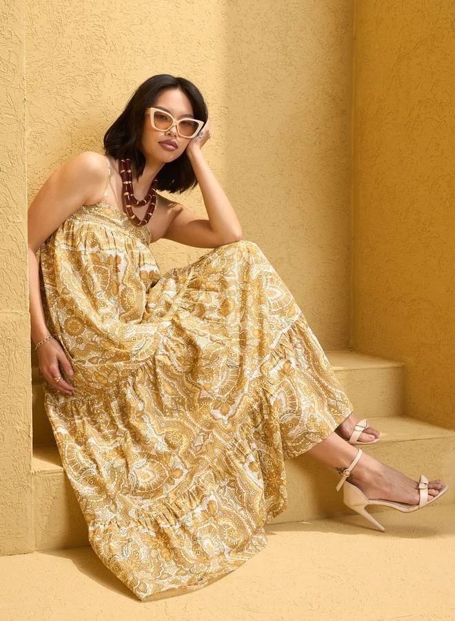 SASSAFRAS Sassafras Yellow All Over Print Strappy Maxi Dress