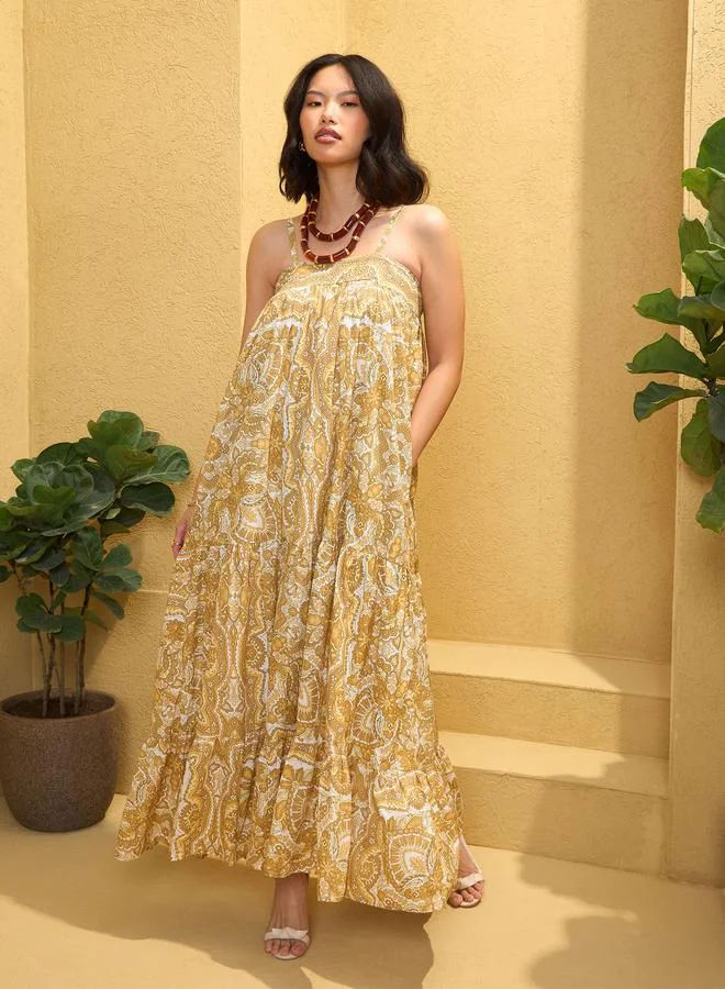 SASSAFRAS Sassafras Yellow All Over Print Strappy Maxi Dress
