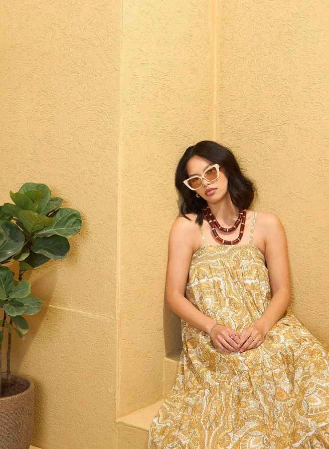 SASSAFRAS Sassafras Yellow All Over Print Strappy Maxi Dress