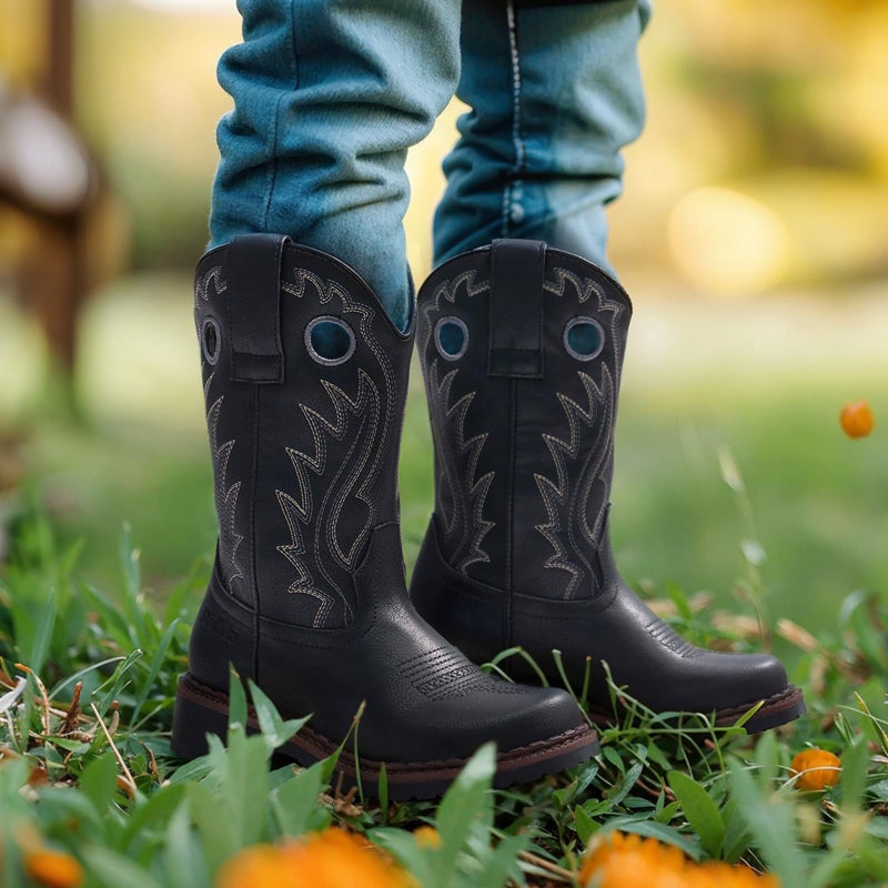 Rollda Boys Cowboy Boots Kids Western Boots Square Toe Girls Cowgirl Boots for Toddler/Little Kid/Big Kid Black Size 6 - Image 2