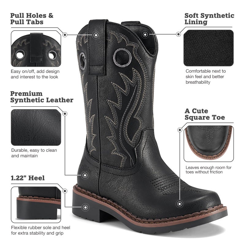 Rollda Boys Cowboy Boots Kids Western Boots Square Toe Girls Cowgirl Boots for Toddler/Little Kid/Big Kid Black Size 6 - Image 4